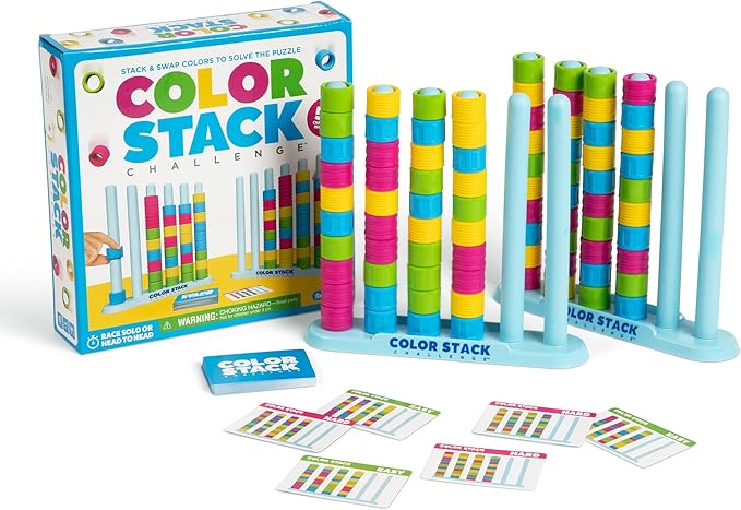 Color Stack Challenge by Relatable – A Fast-Paced Color Matching Puzzle Game for Fun Parties and Family Game Night. Includes 2 Stack Racks, 50 Challenge Cards, 80 Rings & Instructions.