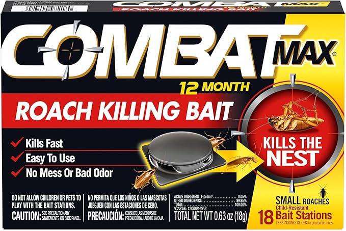 Combat Max 12 Month Roach Killing Bait, Small Roach Bait Station, 18 Count, Child-Resistant, Fast-Acting Fipronil Cockroach Killer & Nest Destroyer, No Vapor, Fumes or Odor, Mess-Free