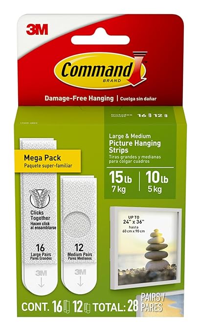 Command 15 lb & 10 lb Large and Medium 28 Pairs Picture Hanging Strips (56 Strips), Damage-Free Hangers for Picture Frames, No Tools Required, Great for Home Room Wall Decor, White Adhesive