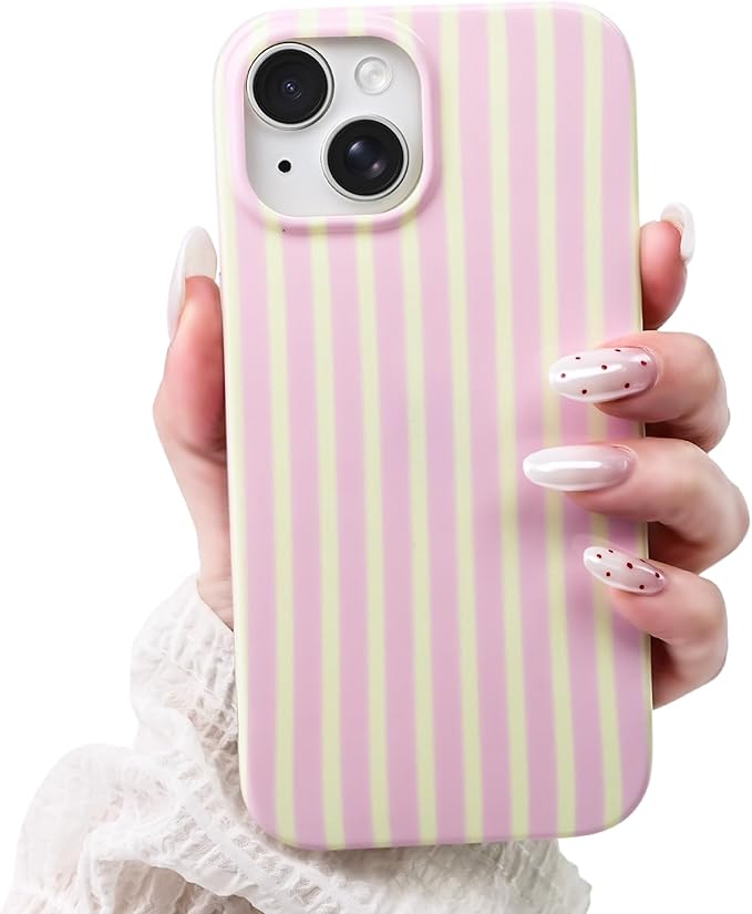 Compatible with iPhone 15 Case,Cute Aesthetic Striped Pattern Cover for Women Girls,Soft TPU Shockproof Protective Stylish Kawaii Case for iPhone 15 6.1",Pink/Yellow