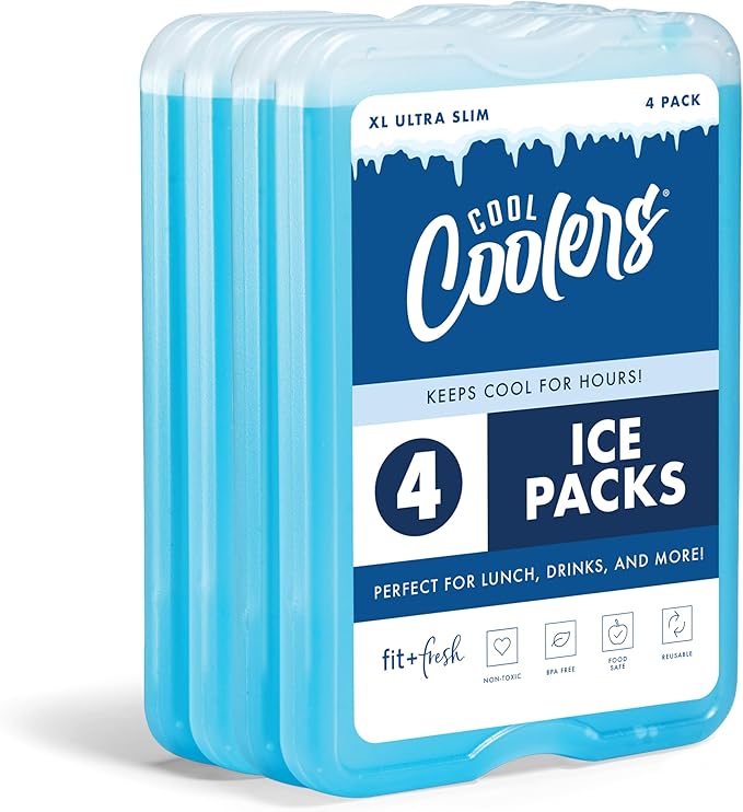 Cool Coolers by Fit & Fresh 4 Pack XL Slim Ice Packs, Quick Freeze Space Saving Reusable Ice Packs for Lunch Boxes or Coolers