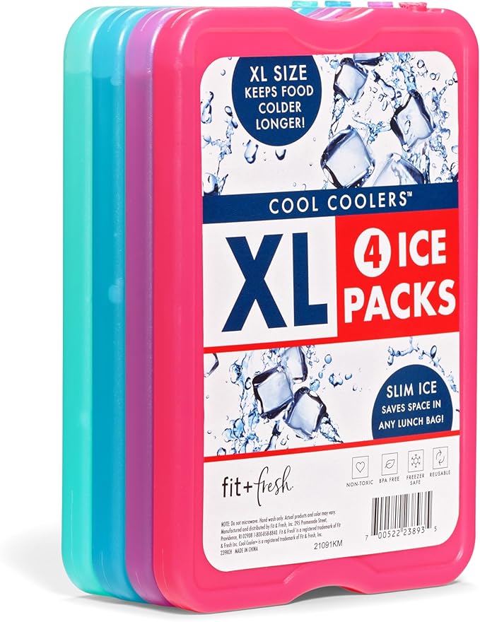 Cool Coolers by Fit & Fresh 4 Pack XL Slim Ice Packs, Quick Freeze Space Saving Reusable Ice Packs for Lunch Boxes or Coolers
