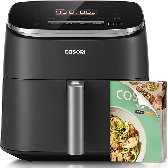 Cosori 9-in-1 TurboBlaze Air Fryer 6 Qt, PFAS-Free Ceramic Coating, 90°–450°F, Precise Heating for Even Results, Air Fry, Roast, Bake, Broil, Dry, Frozen, Proof, Reheat, Keep Warm, 120V, Dark Gray