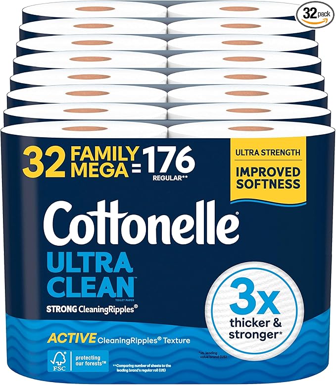 Cottonelle Ultra Clean Toilet Paper with Active CleaningRipples Texture, Strong Bath Tissue, 32 Family Mega Rolls = 176 Regular Rolls (8 Packs of 4)