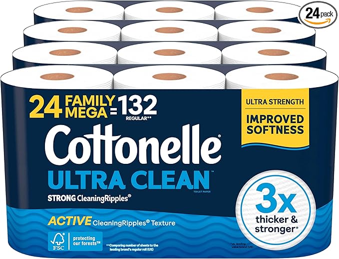 Cottonelle Ultra Clean Toilet Paper with Active CleaningRipples Texture, Strong Bath Tissue, 24 Family Mega Rolls = 132 Regular Rolls (4 Packs of 6)