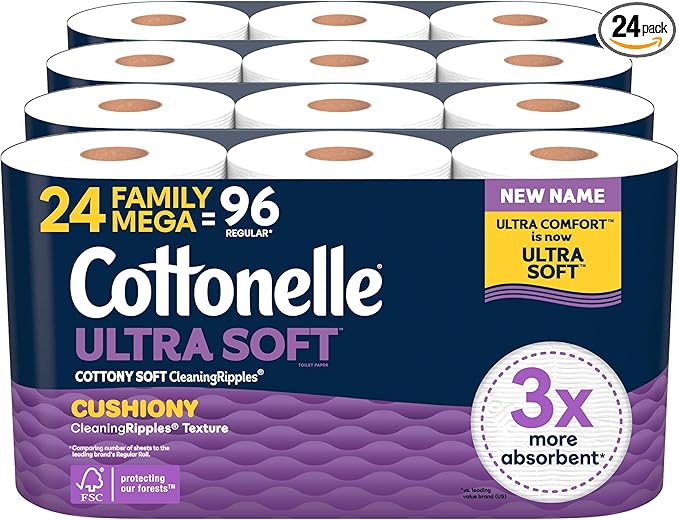 Cottonelle Ultra Soft Toilet Paper with Cushiony CleaningRipples Texture, Strong Bath Tissue, 24 Family Mega Rolls = 108 Regular Rolls (4 Packs of 6)