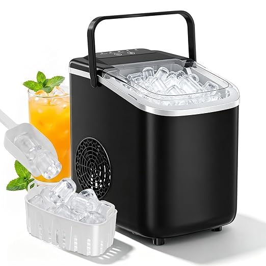 Countertop Ice Maker, Portable Ice Machine with Carry Handle Basket and Scoop, 9 Bullet Cubes Ready in 6 Mins, 26lbs Daily, Self-Cleaning for Home, Kitchen, Camping, RV