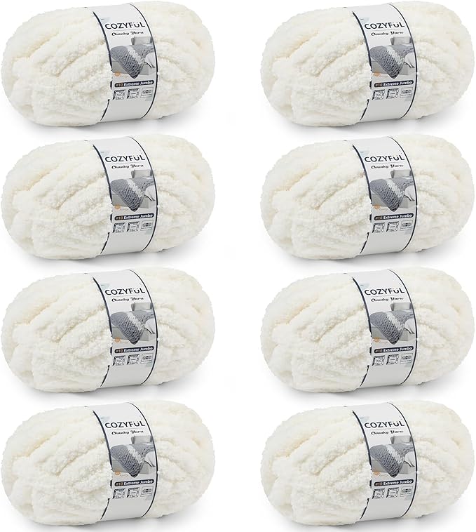 Cozyful Chunky Yarn for Hand Knitting - #10 Chunky Chenille Yarn, Jumbo Big Thick Chunky Yarns for Crocheting, Super Bulky Chunky Knit Blanket Yarns, 8 Skein (22 yds 8 oz Each Skein), Cream