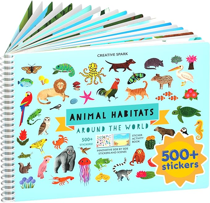 CUPKIN Animals Habitat 500+ Kids Sticker Book Toddler Airplane Travel Activity Coloring and Sticker Book, Road Trip Essentials, 12 Coloring Pages + 12 Scenes for Ages 2–8 Years
