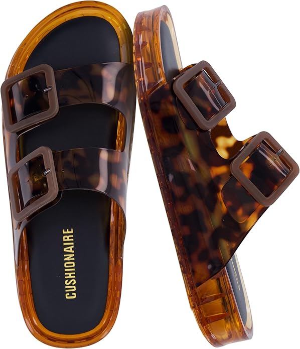 CUSHIONAIRE Pool Slides for Women Water Resistant Double Buckle Adjustable Slip-On Womens Sandals for Beach Shower Casual Wear