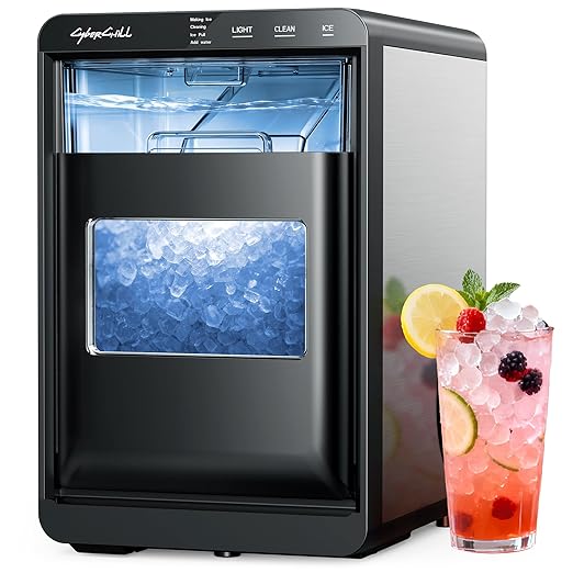 CyberChill Nugget Ice Maker Countertop 44lbs Per Day Pebble Sonic Ice Makers Machine Chewable Pellet Ice with Self-Cleaning Removable Water Tank See Through Window for Home/Kitchen/Office