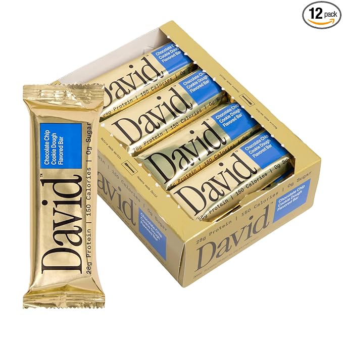 David High Protein Bars - 0g of Sugar, Low Carb, Gluten Free - 28g of Protein, 150 Calories - On-The-Go Snack - Chocolate Chip Cookie Dough Flavor, Pack of 12