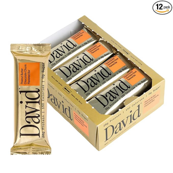 David High Protein Bars - 0g of Sugar, Low Carb, Gluten Free - 28g of Protein, 150 Calories - On-The-Go Snack - Peanut Butter Chocolate Chunk Flavor, Pack of 12
