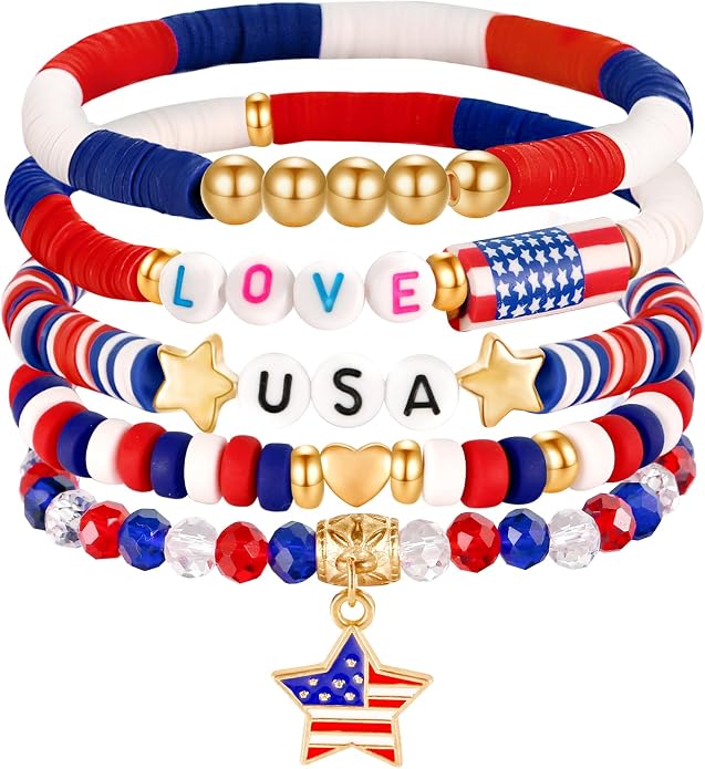 DAYANEY 4th of July Bracelets, Red White and Blue USA Independence Day Patriotic Accessories as Fourth of July Jewelry, Stretch and Adjustable bracelets as July 4th American Flag Outfit for Women Man