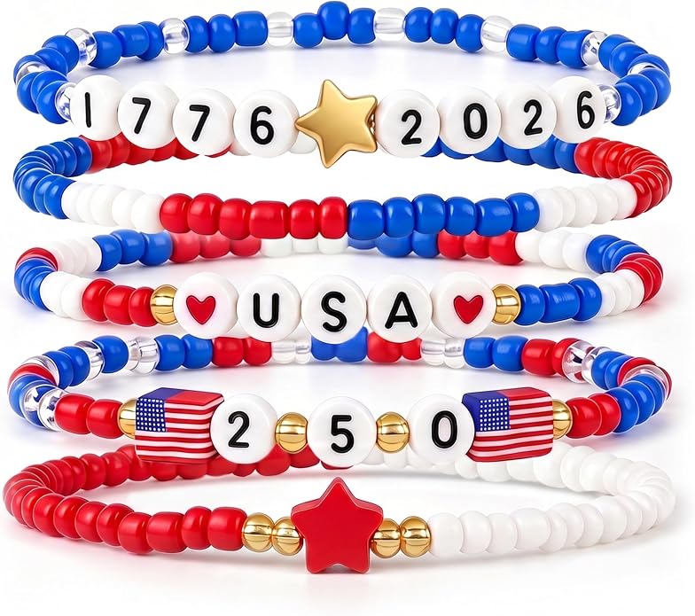DAYANEY 4th of July Bracelets, Red White and Blue USA Independence Day Patriotic Accessories as Fourth of July Jewelry, Stretch and Adjustable bracelets as July 4th American Flag Outfit for Women Man