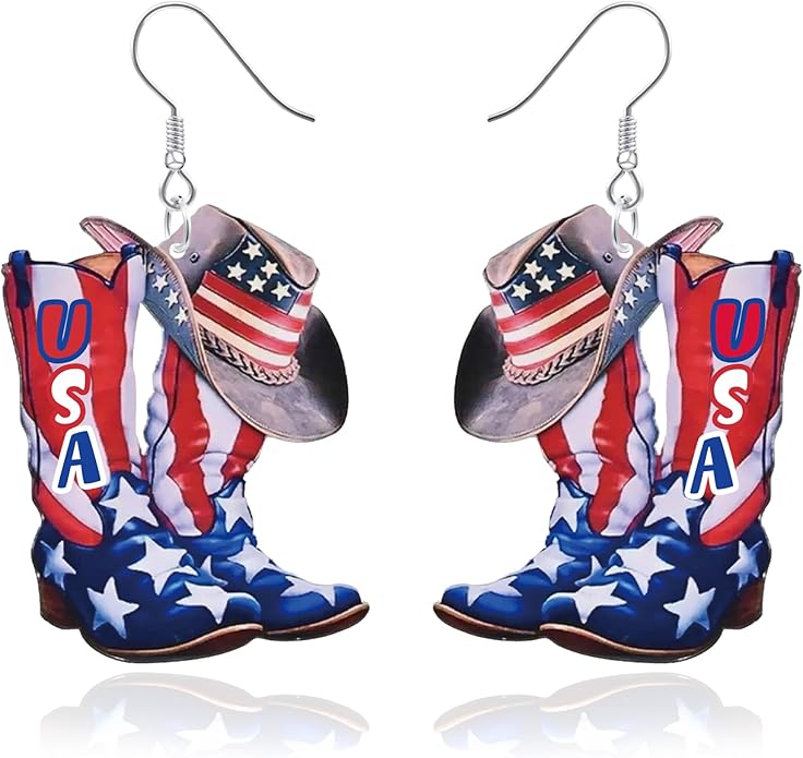 DAYANEY 4th of July Earrings 250th Anniversary USA Earrings for Women, Western American Patriotic Cowgirl Earring as Independence Day Outfits, Red White and Blue Cowboy Accessories Country Decorations