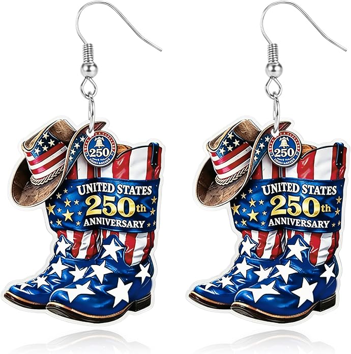 DAYANEY 4th of July Earrings 250th Anniversary USA Earrings for Women, Western American Patriotic Cowgirl Earring as Independence Day Outfits, Red White and Blue Cowboy Accessories Country Decorations