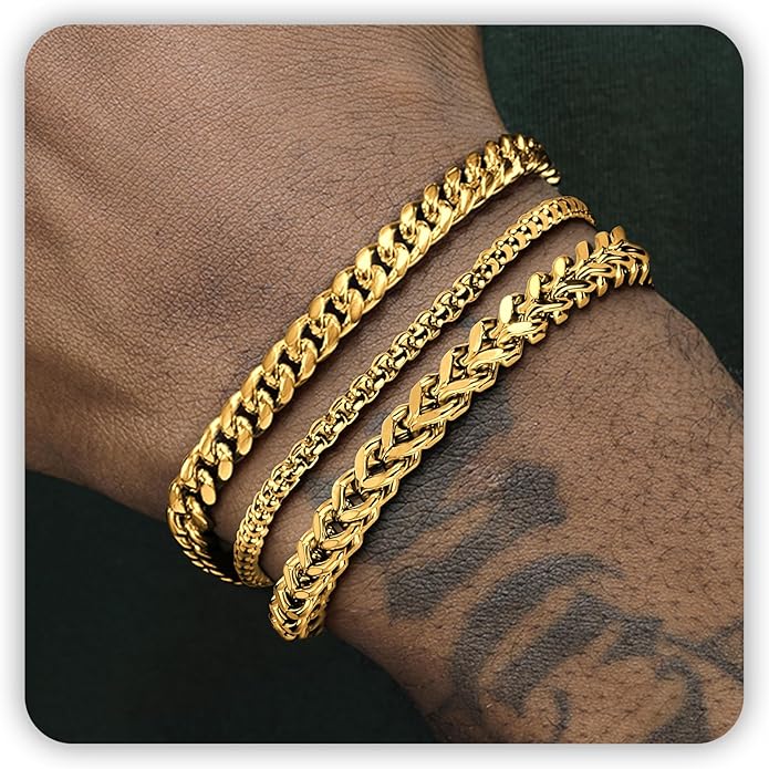 DAYANEY Silver and Gold Bracelet for Men, Cuban Chain Bracelet Set Water Proof Stainless Steel Bracelet for Him, Adjustable Gold Link Men Braclet as Jewelry Gifts for Boyfriend, Dad and Son