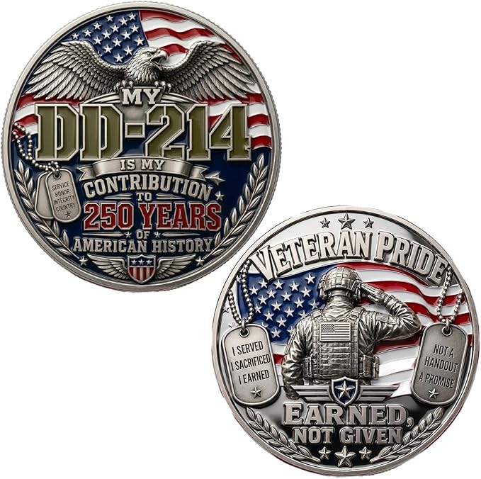 DD-214 Veteran Pride Coin, My DD-214 is My Contribution Commemorative Coin, 250 Years of American History Challenge Token, Pride Gift for Veterans Retired Service Members Patriotic Americans (1PC)