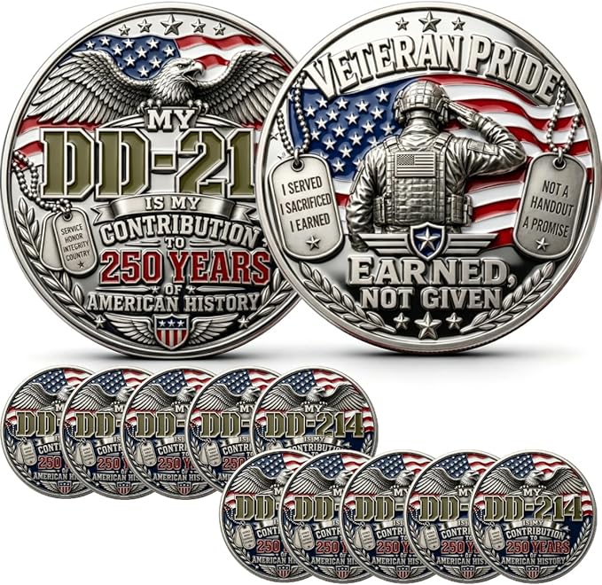 DD-214 Veteran Pride Coin, My DD-214 is My Contribution Commemorative Coin, 250 Years of Freedom Veteran Tribute Coin, 250th Military Keepsake Gift for Patriotic Americans (10pcs)