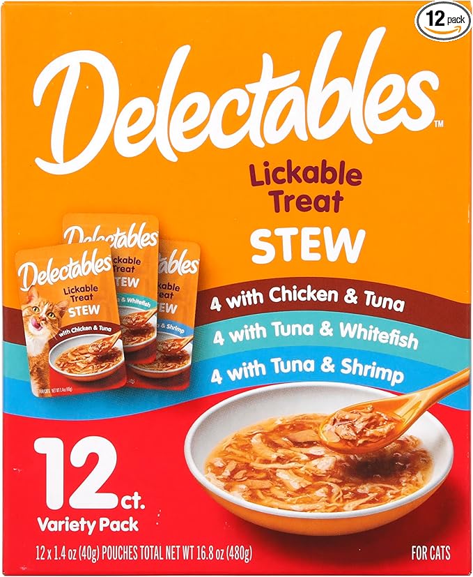 Delectables Lickable Treat Stew Wet Cat Treat Variety Pack, Food Topper, Hydrating, Grain-Free, No Fillers, No By-Products, No Added Preservatives, 1.4oz Pouch, 12ct