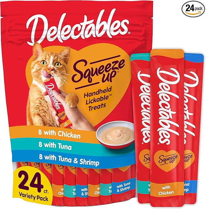 Delectables Squeeze Up Variety Pack, Creamy Squeezable Puree, Lickable Wet Cat Treats, Grain Free, No Added Fillers, No By-Products, No Added Preservatives, 0.5 Ounces Tube, 24 Tubes Total