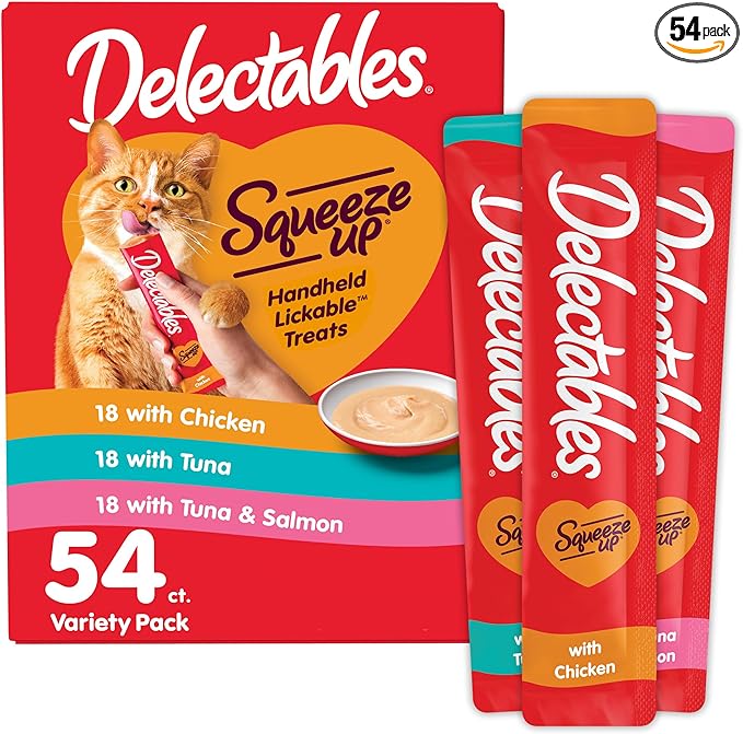 Delectables Squeeze Up Variety Pack, Creamy Squeezable Puree, Lickable Wet Cat Treats, Grain Free, No Fillers, by-Products, Preservatives, 0.5 Ounces Tube, 54 Tubes Total