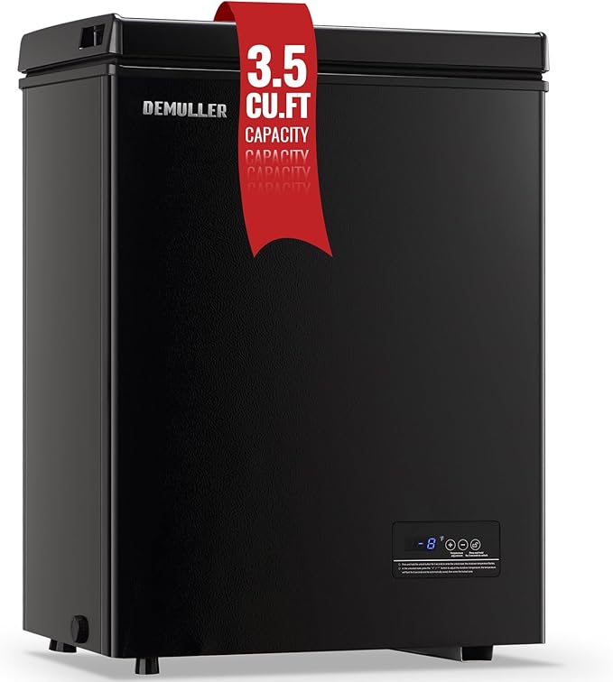 DEMULLER Deep Freezer Chest 3.5 Cubic Feet Freezers with Temperature Display Panel Mini Freezer with Removable Basket Suitable for Apartment Garage Dorm BLACK