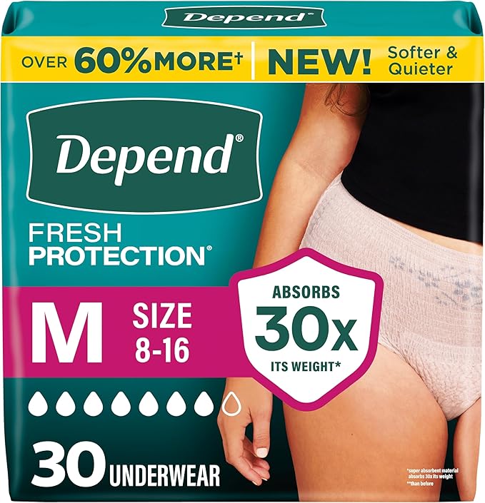 Depend Fresh Protection Adult Diapers, Incontinence Underwear for Women, Disposable, Maximum, Medium, Blush, 30 Count, Packaging May Vary
