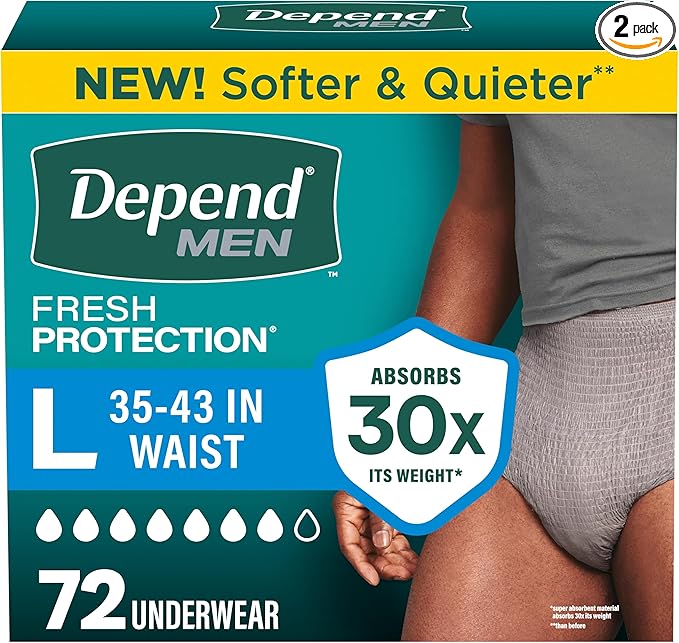 Depend Fresh Protection Adult Diapers, Incontinence Underwear for Men, Disposable, Maximum, Large, Grey, 72 Count (2 Packs of 36), Packaging May Vary