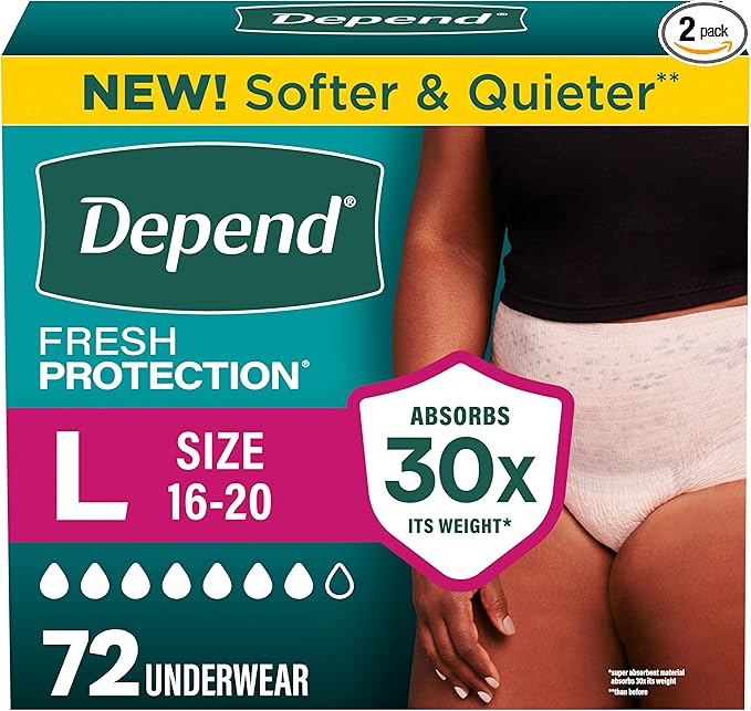 Depend Fresh Protection Adult Diapers, Incontinence Underwear for Women, Disposable, Maximum, Large, Blush, 72 Count (2 Packs of 36), Packaging May Vary