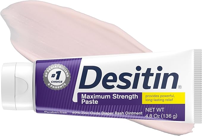 Desitin Maximum Strength Paste, 40% Zinc Oxide Paste, Diaper Rash Healing Ointment for Immediate Relief, Dermatologist Pediatrician Tested, Helps Heal Diaper Rash, Protects Up to 12 Hours, 4.8 Oz Tube