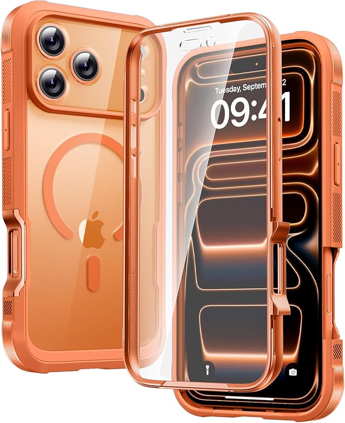 Diaclara Magnetic Designed for iPhone 17 Pro Max Case Full Body Bumper[Compatible with MagSafe] Military Drop Proof Cover with Built-in Touch Sensitive Anti-Scratch Screen Protector,Orange