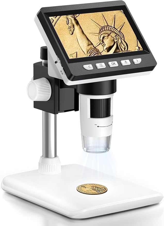 Digital Coin Microscope 1000X, 4.3" LCD Coin Magnifier with Screen for Error Coins, 1080P USB Microscope with 8 Adjustable LED Lights, Photo & Video, Built-in Storage, Compatible with Windows/MacOS