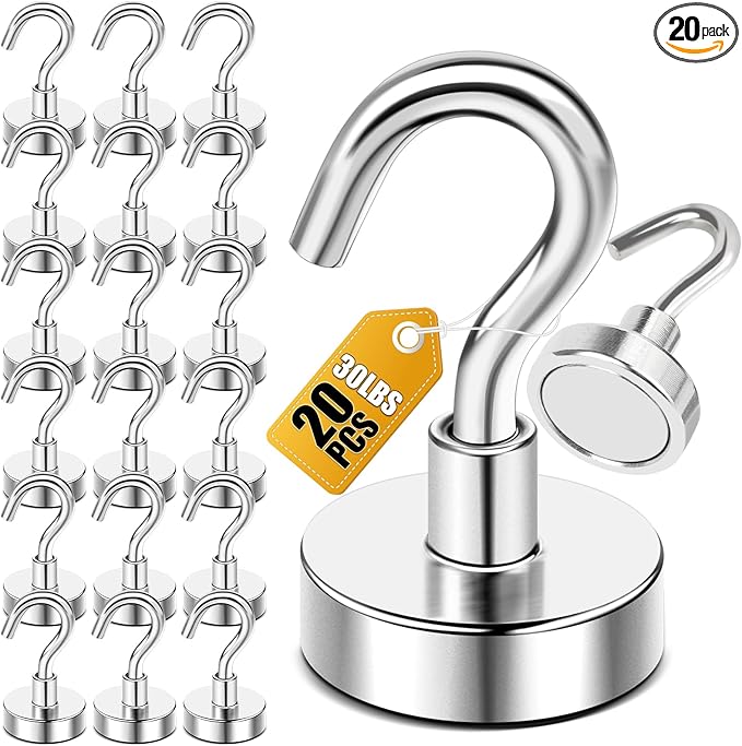 DIYMAG Magnetic Hooks, 30lbs+ Magnet Hook 2026 Cruise Cabin Ship Essentials Heavy Duty Strong Magnets Refrigerator Fridge Hanging for Classroom Beach Vacation Kitchen Grills Home 20 Pack (Silver)