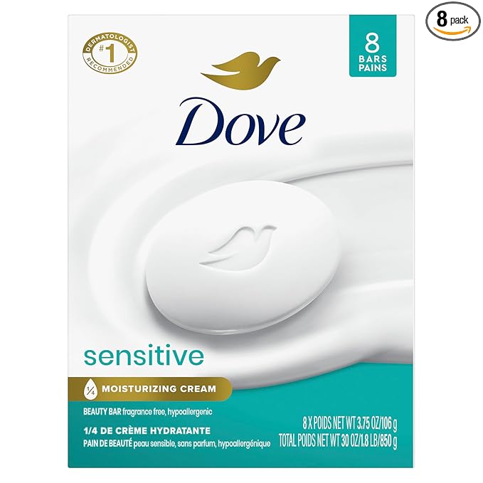 Dove Beauty Bar Soap Sensitive, 8 Bars for Sensitive Skin, Fragrance Free and Hypoallergenic 3.75 oz