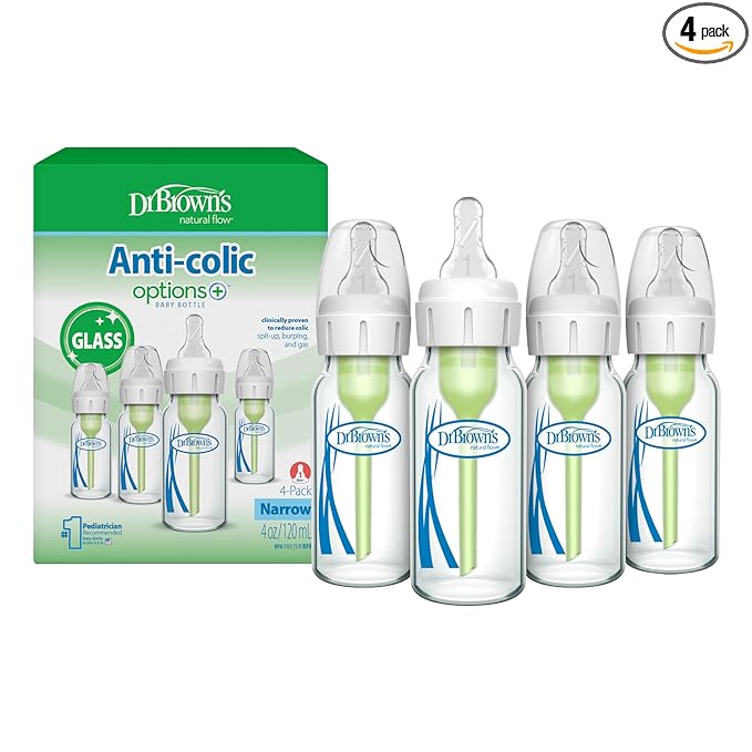Dr. Brown's Anti-Colic Options+ Narrow Glass Baby Bottle with Level 1 Slow Flow Nipple, BPA-Free, 4 oz/120mL, 4-Pack
