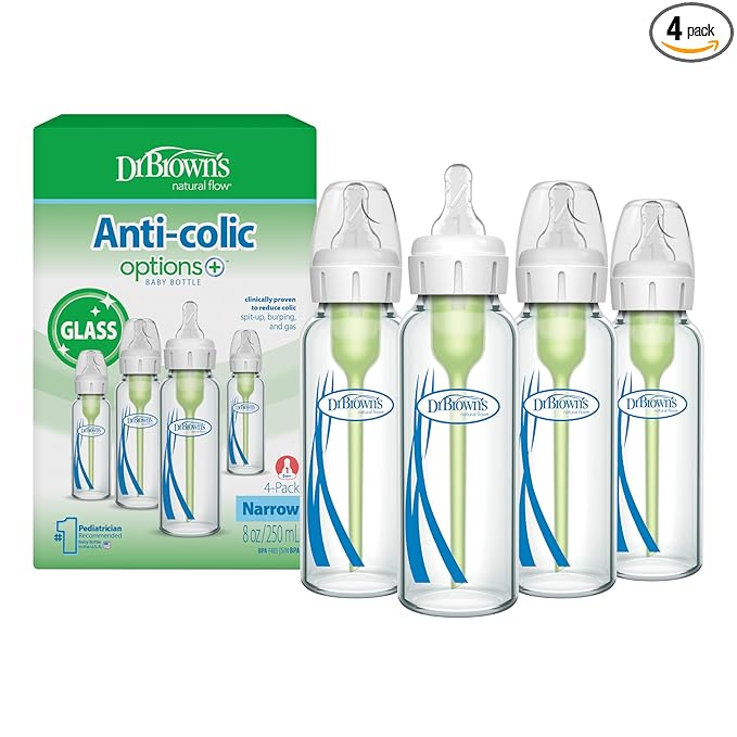 Dr. Brown's Anti-Colic Options+ Narrow Glass Baby Bottle with Level 1 Slow Flow Nipple, BPA-Free, 8 oz/250 mL, 0m+, 4-Pack (Packaging May Vary)