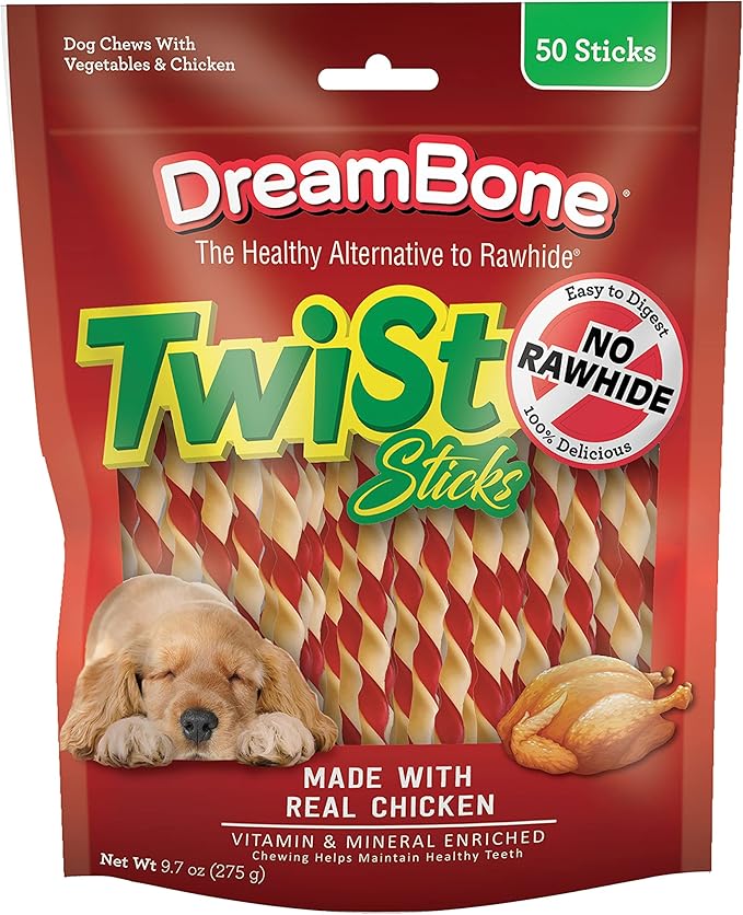 DreamBone Twist Sticks Chews for Dogs, Treat Your Dog to Easy-to-Digest Rawhide-Free Chews Made with Real Vegetables and Chicken, 50 Count