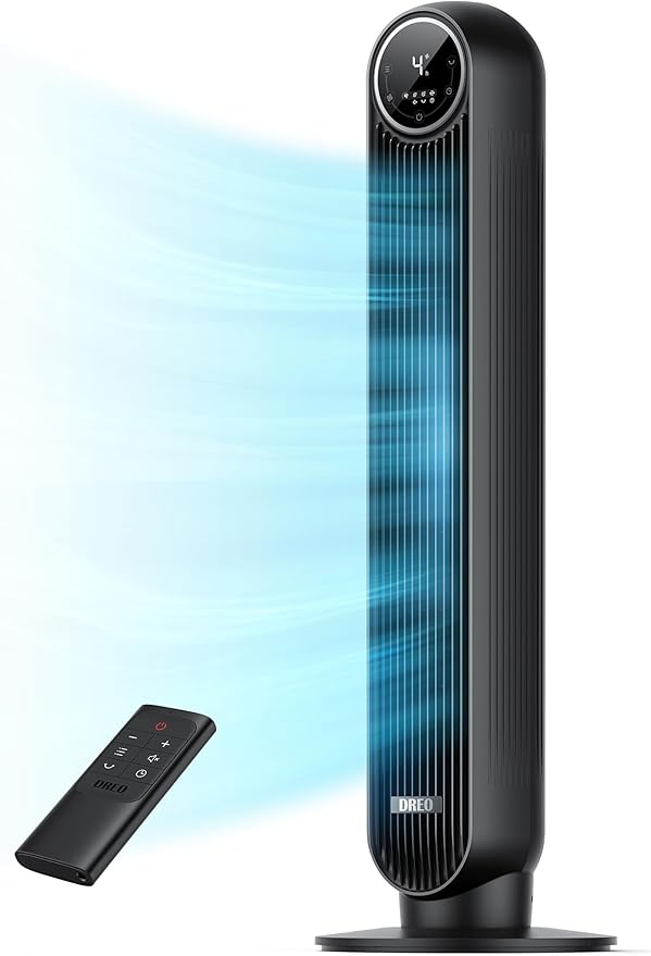 DREO Tower Fan for Bedroom, 2026 Upgraded DC Motor, 28ft/s High Velocity, 20dB Ultra Quiet Standing Fan, 8 Speeds 4 Modes, 90° Oscillating Bladeless Fan for Indoors, Floor Fans with Remote, Black