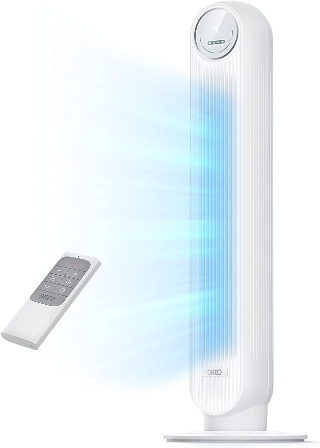 DREO Tower Fan for Bedroom, 2026 Upgraded DC Motor, 28ft/s High Velocity, 20dB Ultra Quiet Standing Fan, 8 Speeds 4 Modes, 90° Oscillating Bladeless Fan for Indoors, Floor Fans with Remote, White