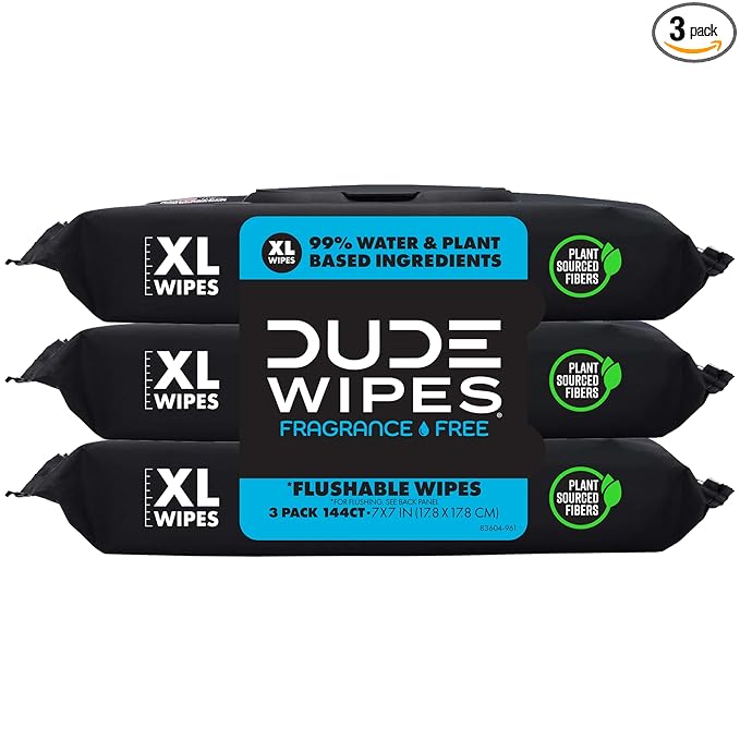 DUDE Wipes Unscented Flushable Wipes - Extra-Large Adult Wet Wipes for Sensitive Skin - 3 Pack (144 Count) - Infused with Vitamin E and Aloe - Septic and Sewer Safe