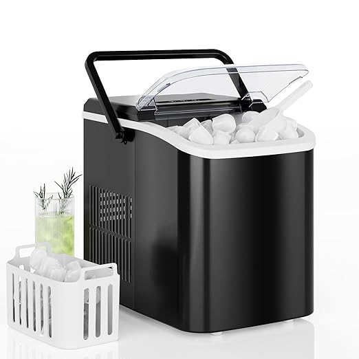 DUMOS Countertop Ice Maker with Handle, 26lbs/24H Portable Ice Machine, 9 Bullet Cubes Ready in 6 Mins, Self-Cleaning, Quiet Compact for Home, Kitchen, RV, Camping, Black