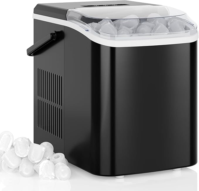 DUMOS Countertop Ice Maker with Handle, 26lbs/24H Portable Ice Machine, 9 Bullet Cubes Ready in 6 Mins, Self-Cleaning, Quiet Compact for Home, Kitchen, RV, Camping, Modern Black