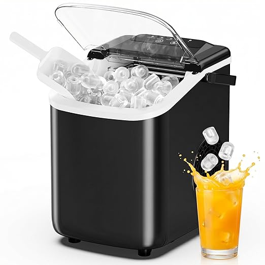 DUMOS Ice Maker Countertop, Ice Machine with Portable Handle, Basket and Scoop, 26lbs Daily, 9 Bullet Cubes in 6~8 Mins, Auto-Cleaning for Home, Kitchen, Office, Outdoors, RV Camping