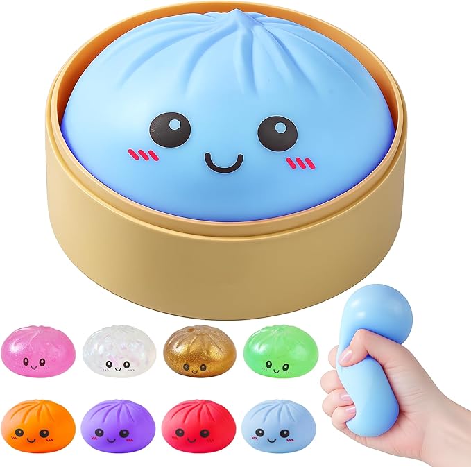 Dumpling Squishies, Dumpling Mystery Box, Colorful Dumplings Stress Balls Fidget Sensory Toy, Stocking Stuffers with Food Steamer Stretchy Desk Toys (Blue)