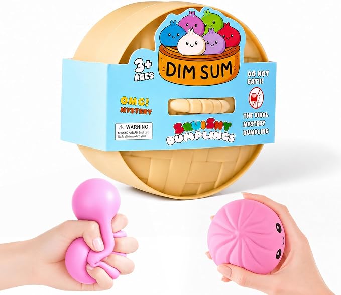 Dumpling Squishies, Dumpling Mystery Box, Colorful Dumplings Stress Balls Fidget Sensory Toy, Stocking Stuffers with Food Steamer Stretchy Desk Toys (Pink)