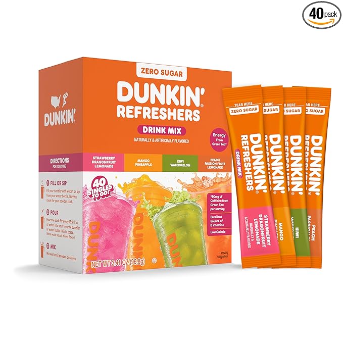 Dunkin’ Zero Sugar Refreshers Singles To Go! Powdered Drink Mix, 40 Ct Variety Pack, Energy from Green Tea, Aspartame-Free, Just Add Water