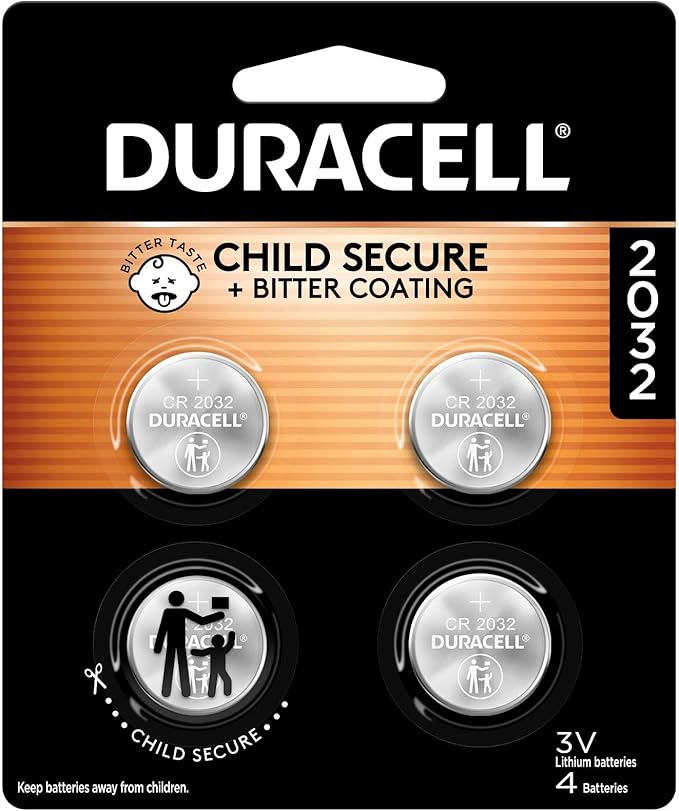 Duracell 2032 Lithium Battery, 4 Count (Pack of 1), Child Safety Features, Compatible with Key Fob, Tea Light Candles and Other Devices, CR2032 Battery