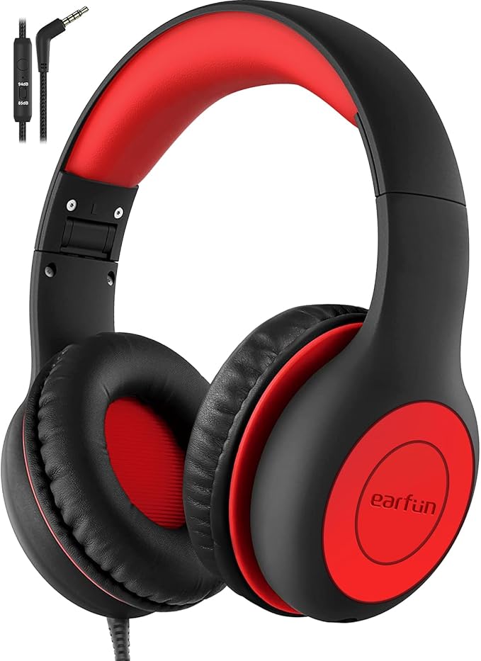 EarFun K1 Kids Headphones Wired with Microphone, 85/94dB Volume Limit Headphones for Kids, Portable Wired Headphone with Shareport, Stereo Sound Foldable Headset for School/Tablet/iPad, Black Red